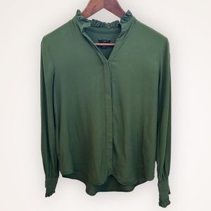 Ann Taylor Petite Olive Green Ruffle Mock Neck Button Down Blouse XSP